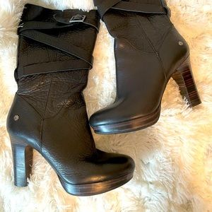 UGG Jardin Stacked Heel Black Leather Boots